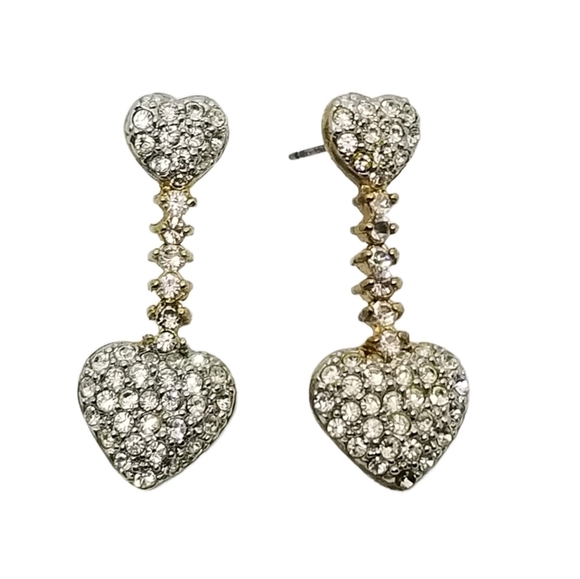 VINTAGE GOLDTONE & PAVE CRYSTAL HEART DROP STYLE EARRINGS - Picture 3 of 6